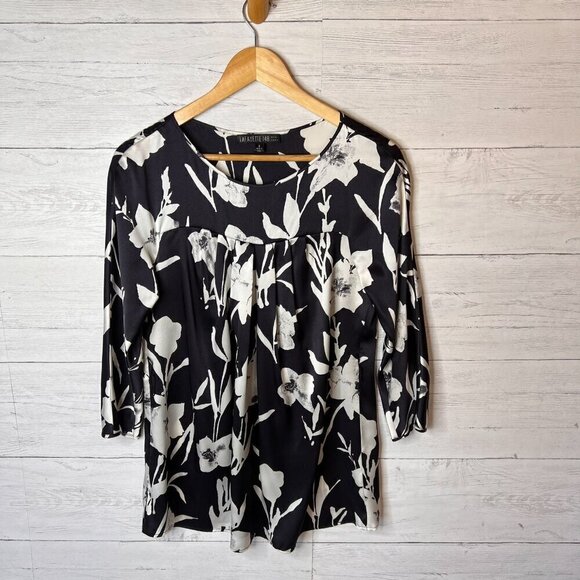 Lafayette 148 New York Blouse Womens SZ 6 Black & White Floral 100% Silk Natural - Picture 4 of 16